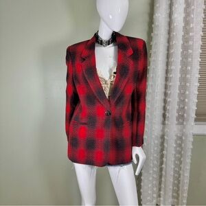 Vintage Red & Black Wool Blend Plaid Tailored Blazer